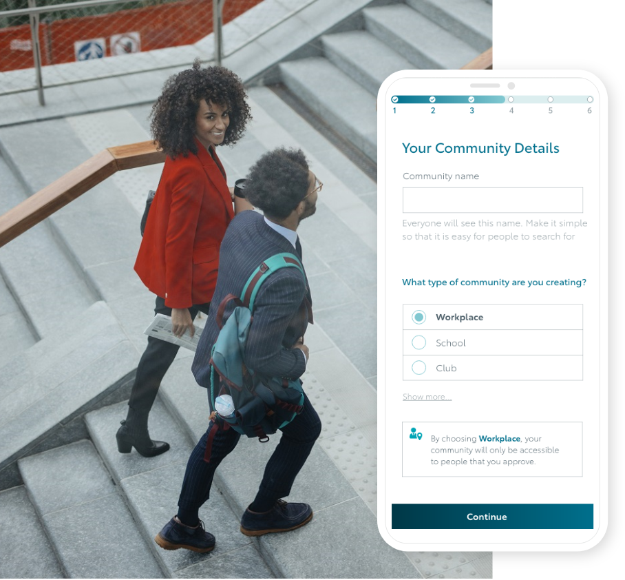 ‘Your corporate carpooling community’ screen from KINTO Join, combined with an image of coworkers entering an office building.