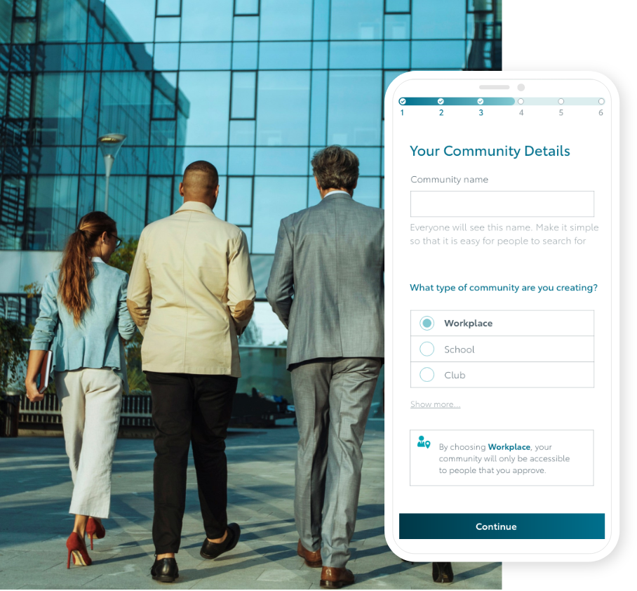 ‘Your corporate commuting community’ screen from KINTO Join, combined with an image of coworkers entering an office building.